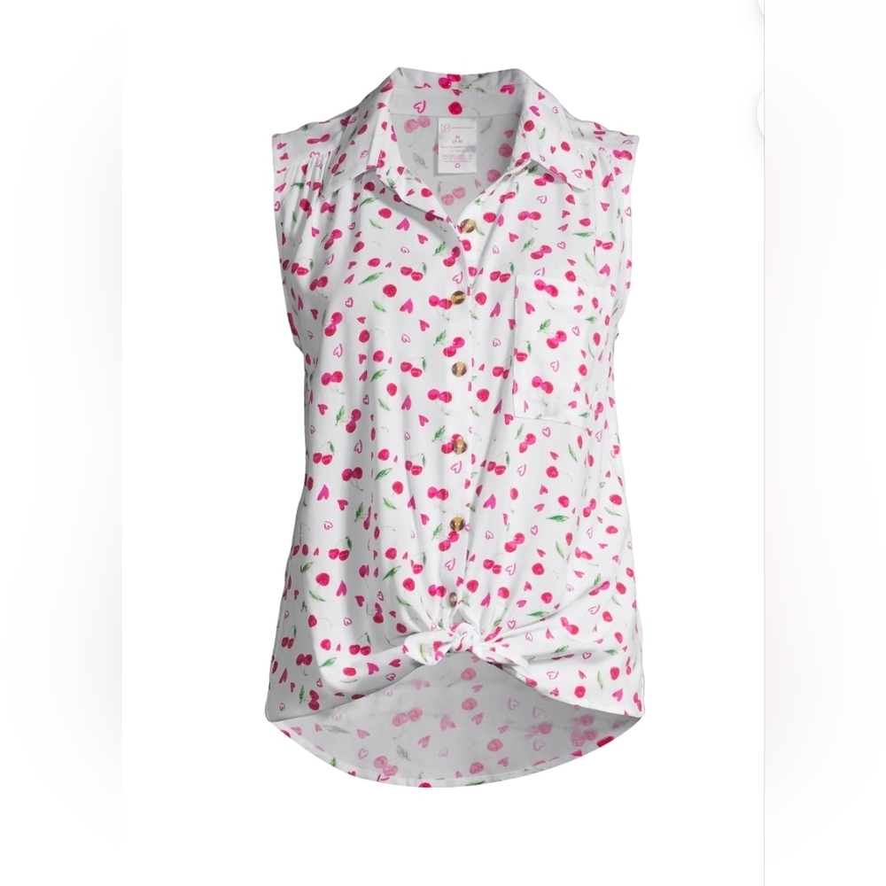 No Boundaries NEW White Cherry & Heart Print Tie-Front Sleeveless Top - Size XS